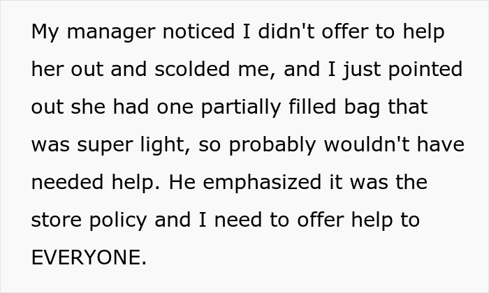 Grocery store employee highlights store policy, leaving manager speechless over assistance protocol. Grocery store employee highlights store policy, leaving manager speechless over assistance protocol.
