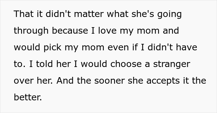 Text expressing a daughter's loyalty to her mom over her father's fiancée, highlighting a family dynamic challenge. Text expressing a daughter's loyalty to her mom over her father's fiancée, highlighting a family dynamic challenge.