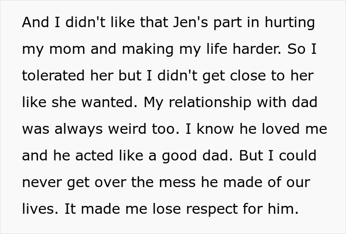 Text describing a strained relationship with stepmom after an affair, expressing issues with family dynamics and loss of respect. Text describing a strained relationship with stepmom after an affair, expressing issues with family dynamics and loss of respect.
