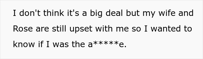 Text image showing a personal message about being upset with a wife and Rose, asking if the sender was rude. Text image showing a personal message about being upset with a wife and Rose, asking if the sender was rude.