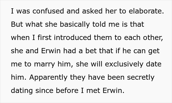 Text message revealing a bet about bride marrying, causing drama before wedding. Text message revealing a bet about bride marrying, causing drama before wedding.
