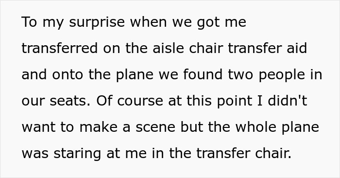 Text recounting an entitled couple taking a first-class seat from a wheelchair user during a flight boarding. Text recounting an entitled couple taking a first-class seat from a wheelchair user during a flight boarding.