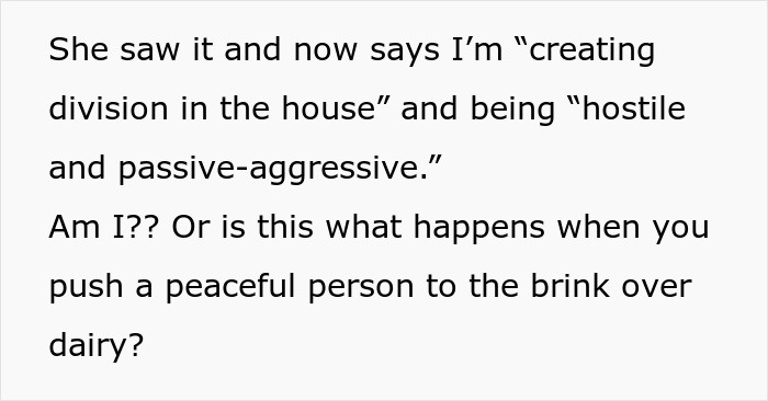 Text discussing tension about a lockbox for cheese in a shared fridge due to roommate issues. Text discussing tension about a lockbox for cheese in a shared fridge due to roommate issues.
