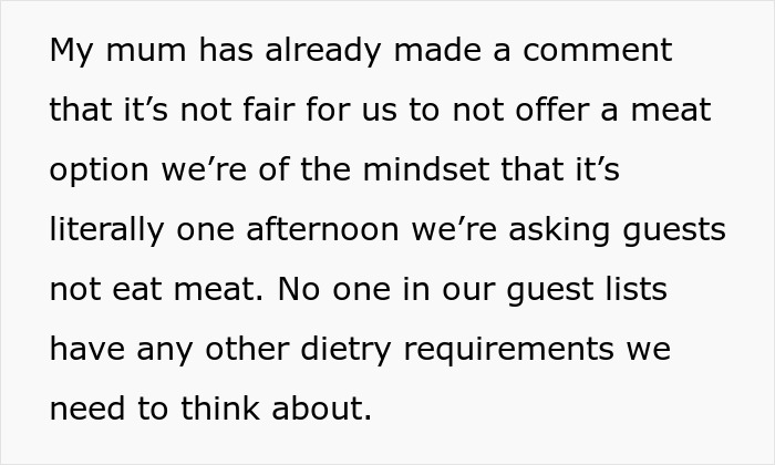Text about considering a meat option at a wedding, discussing dietary preferences. Text about considering a meat option at a wedding, discussing dietary preferences.