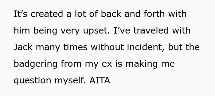 Text conversation excerpt about mom planning Europe trip with 8-year-old son and ex demanding AirTag to track him. Text conversation excerpt about mom planning Europe trip with 8-year-old son and ex demanding AirTag to track him.