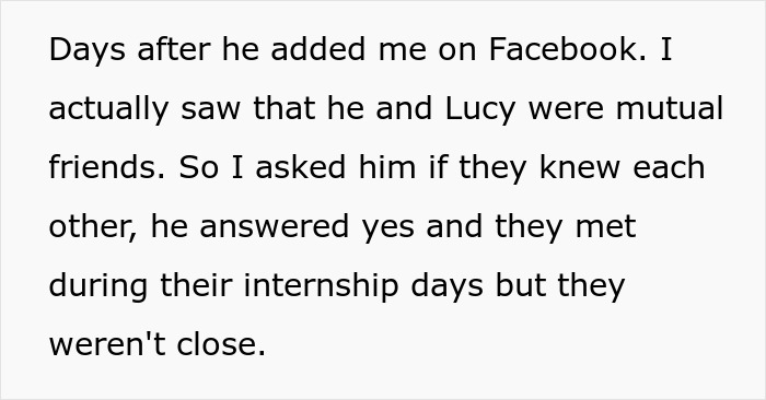 Text screenshot about a bride discovering her fiancé and best friend were mutual friends on Facebook. Text screenshot about a bride discovering her fiancé and best friend were mutual friends on Facebook.