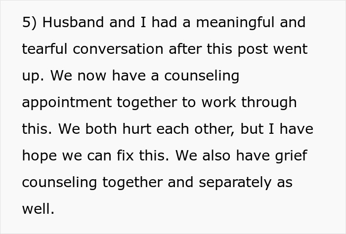 Text discussing a couple undergoing counseling after a tearful conversation about their actions and mutual hurt. Text discussing a couple undergoing counseling after a tearful conversation about their actions and mutual hurt.