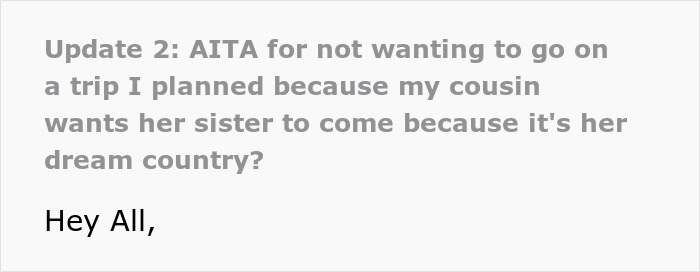 Text update about cousin's trip request, asking if it’s wrong to plan without her sister after a wedding invite issue. Text update about cousin's trip request, asking if it’s wrong to plan without her sister after a wedding invite issue.