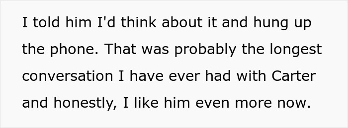 Text message about considering a request from Carter, emphasizing a longer conversation and growing fondness. Text message about considering a request from Carter, emphasizing a longer conversation and growing fondness.