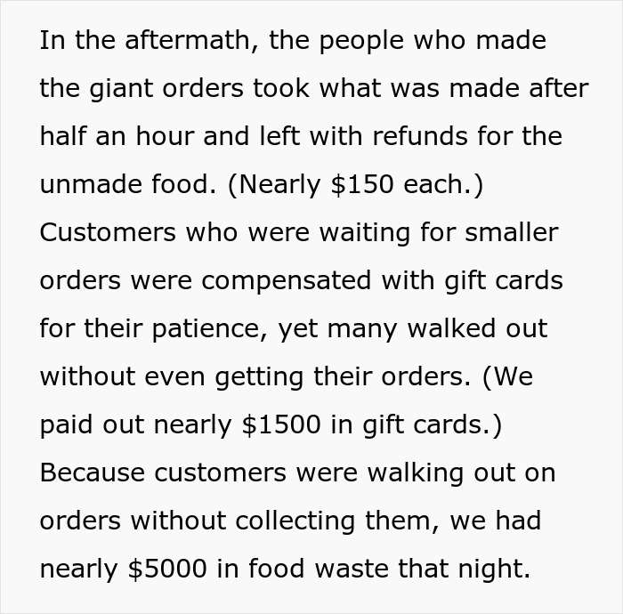 Text about kitchen chaos aftermath, detailing refunds and food waste due to break policy adherence. Text about kitchen chaos aftermath, detailing refunds and food waste due to break policy adherence.