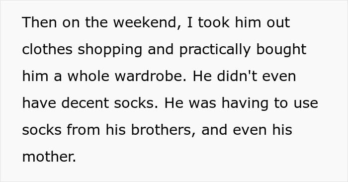 Text discussing a shopping trip for clothes, revealing a child's lack of decent socks and reliance on family. Text discussing a shopping trip for clothes, revealing a child's lack of decent socks and reliance on family.