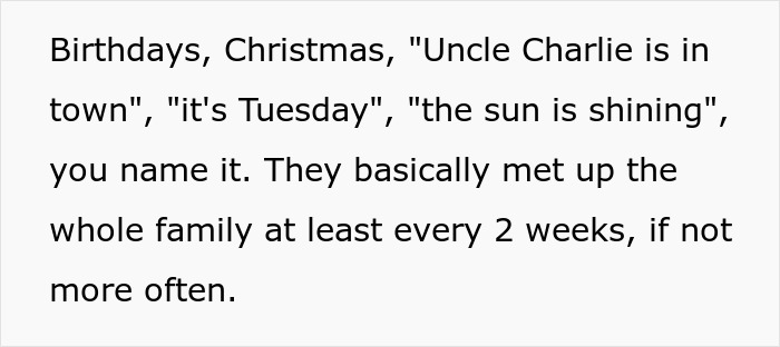 Text about family gatherings, mentioning birthdays, Christmas, and more frequent biweekly meetups. Text about family gatherings, mentioning birthdays, Christmas, and more frequent biweekly meetups.