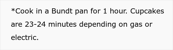 Text instructions for cooking time in a Bundt pan and cupcakes, related to hubby confronting family over treatment of pregnant wife. Text instructions for cooking time in a Bundt pan and cupcakes, related to hubby confronting family over treatment of pregnant wife.