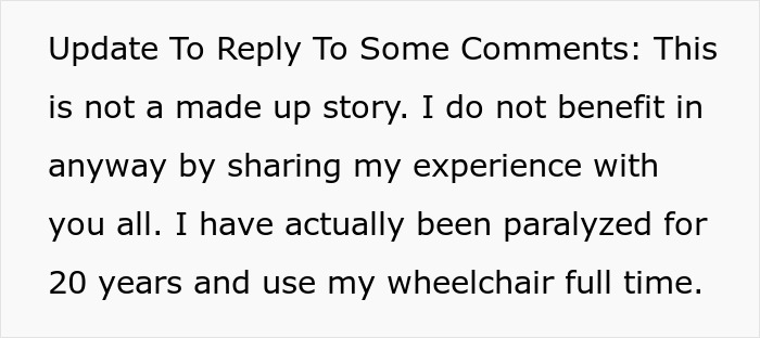 Wheelchair user clarifies experience, addressing claims of fabricating story about first class seat issue. Wheelchair user clarifies experience, addressing claims of fabricating story about first class seat issue.
