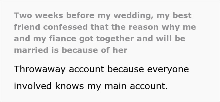 Bride learns of fiancé's bet with best friend before wedding; text reveals secret confession. Bride learns of fiancé's bet with best friend before wedding; text reveals secret confession.