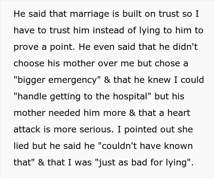 Text screenshot discussing a husband's loyalty test involving fake labor and his preference for his mother's emergency. Text screenshot discussing a husband's loyalty test involving fake labor and his preference for his mother's emergency.
