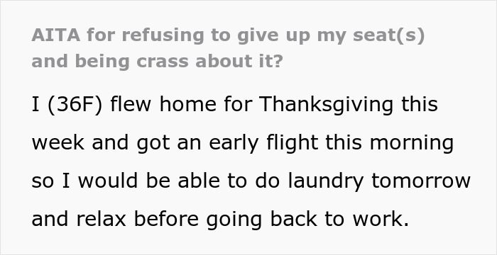 Text discussing a woman booking two plane seats, facing criticism for not sharing. Text discussing a woman booking two plane seats, facing criticism for not sharing.