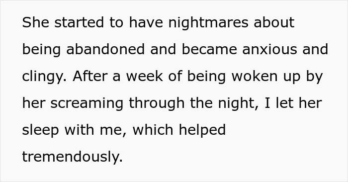 Text discussing a child's nightmares and anxiety after being abandoned by her mother who asked a friend to babysit. Text discussing a child's nightmares and anxiety after being abandoned by her mother who asked a friend to babysit.
