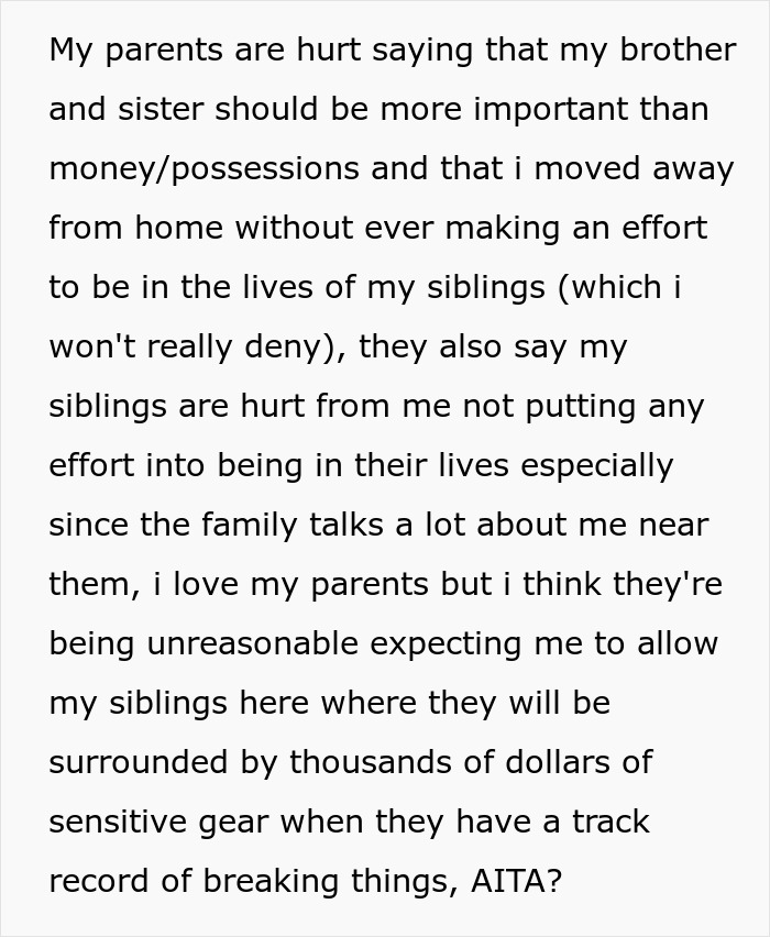 Text describing a conflict: parents upset over a decision to ban siblings due to their past destructive behavior. Text describing a conflict: parents upset over a decision to ban siblings due to their past destructive behavior.