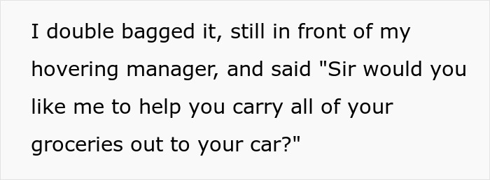 Text image of grocery store employee offering help while manager observes. Text image of grocery store employee offering help while manager observes.