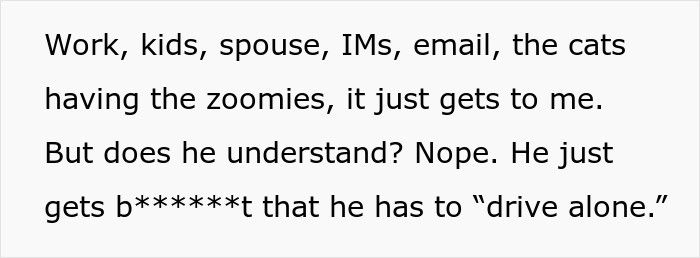Text discussing feeling smothered, mentioning spouse, communication, and daily stressors like work and emails. Text discussing feeling smothered, mentioning spouse, communication, and daily stressors like work and emails.