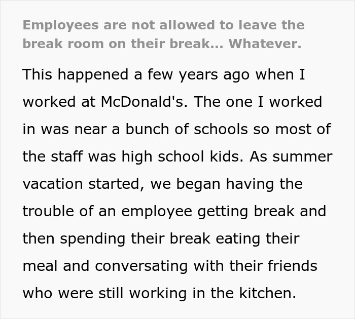 Employee break policy narrative posted on a memo discussing work break issues at McDonald's near schools. Employee break policy narrative posted on a memo discussing work break issues at McDonald's near schools.