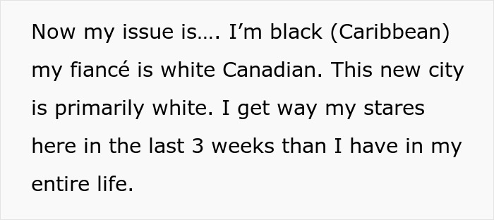Text discussing feeling stared at due to being Black in a predominantly white city. Text discussing feeling stared at due to being Black in a predominantly white city.