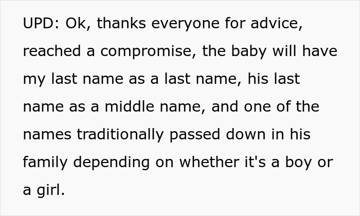 Update on last name compromise for their baby after advice discussion. Update on last name compromise for their baby after advice discussion.