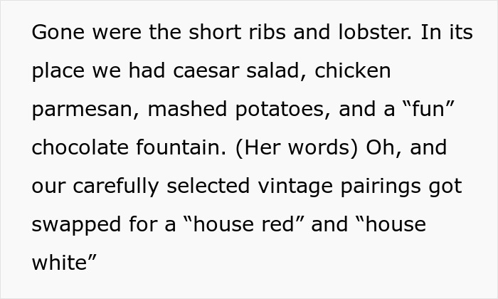 Text discussing a wedding menu change, highlighting password protection's importance. Text discussing a wedding menu change, highlighting password protection's importance.