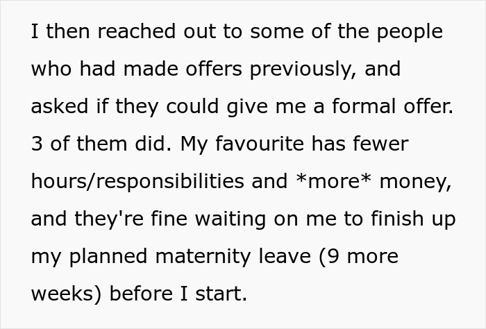 Text about a woman negotiating job offers during maternity leave, discussing fewer responsibilities and more pay. Text about a woman negotiating job offers during maternity leave, discussing fewer responsibilities and more pay.