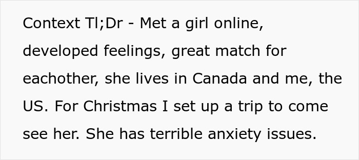 Text about a man's online romance and planning an expensive trip to visit his long-distance girlfriend in Canada with anxiety issues. Text about a man's online romance and planning an expensive trip to visit his long-distance girlfriend in Canada with anxiety issues.