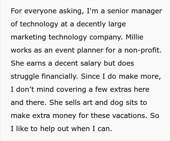 Senior manager discussing financial support options for cousin's vacation trip. Senior manager discussing financial support options for cousin's vacation trip.