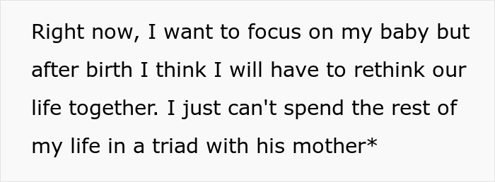 Text about a mom-to-be contemplating her relationship, highlighting tensions involving her husband and his mother. Text about a mom-to-be contemplating her relationship, highlighting tensions involving her husband and his mother.