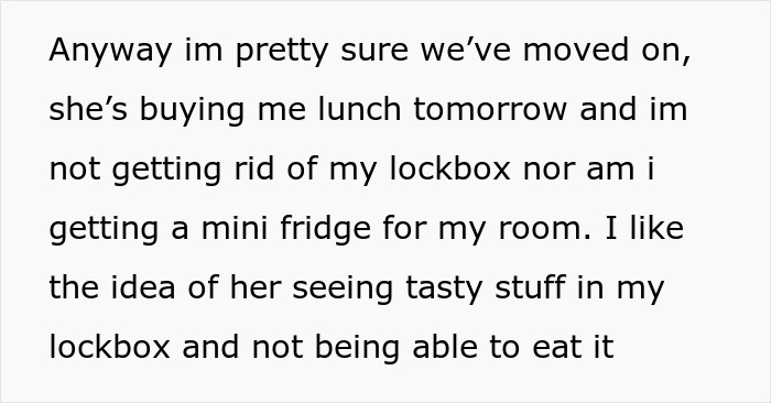 Text discussing roommate, cheese, and using a lockbox in the fridge as a solution. Text discussing roommate, cheese, and using a lockbox in the fridge as a solution.