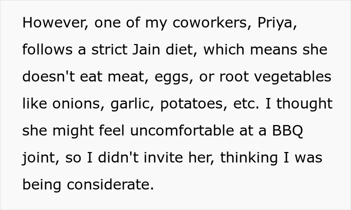 Text about manager excluding coworker from BBQ due to her Jain diet. Text about manager excluding coworker from BBQ due to her Jain diet.