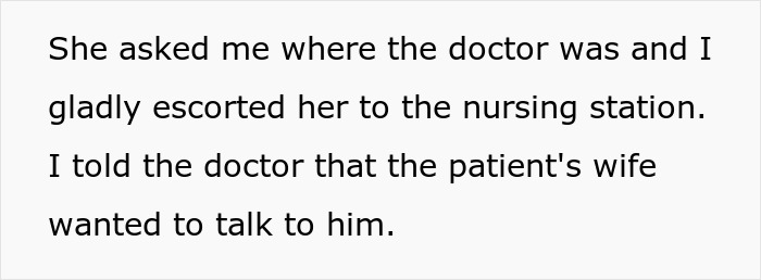 Patient's wife seeks doctor at nursing station after nurse's guidance. Patient's wife seeks doctor at nursing station after nurse's guidance.
