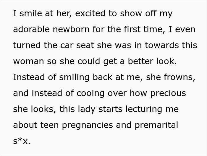 Text describing a new mom being wrongly lectured about teen pregnancies. Text describing a new mom being wrongly lectured about teen pregnancies.