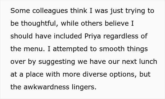 Text about a manager excluding a coworker from a BBQ due to diet, causing some workplace awkwardness. Text about a manager excluding a coworker from a BBQ due to diet, causing some workplace awkwardness.