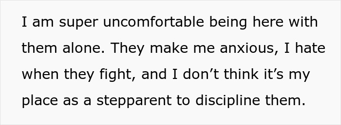 Text discussing discomfort and anxiety about handling husband's kids alone, highlighting stepparent challenges. Text discussing discomfort and anxiety about handling husband's kids alone, highlighting stepparent challenges.