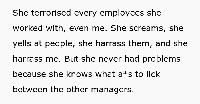 Text describing workplace harassment by a manager towards teammates. Text describing workplace harassment by a manager towards teammates.