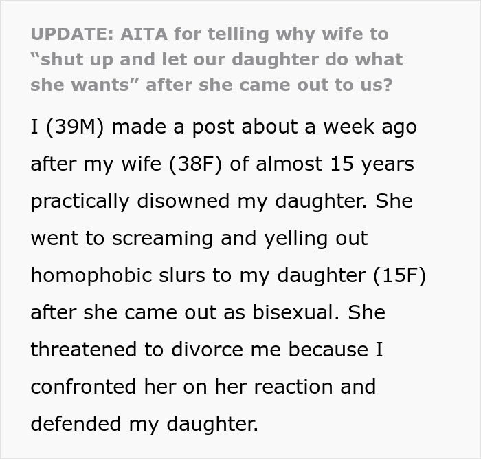 Text about a dad defending his bisexual daughter after wife threatens divorce over her lifestyle and family embarrassment.