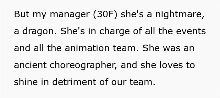 Text describing a challenging event manager known for making decisions affecting her team negatively. Text describing a challenging event manager known for making decisions affecting her team negatively.