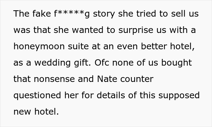 Text describing MIL's cover-up attempt of son’s honeymoon cancellation, claiming a surprise better hotel as a wedding gift. Text describing MIL's cover-up attempt of son’s honeymoon cancellation, claiming a surprise better hotel as a wedding gift.