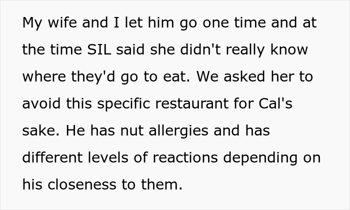 Text discussing SIL disregarding a 7-year-old's nut allergies and restaurant concerns. Text discussing SIL disregarding a 7-year-old's nut allergies and restaurant concerns.