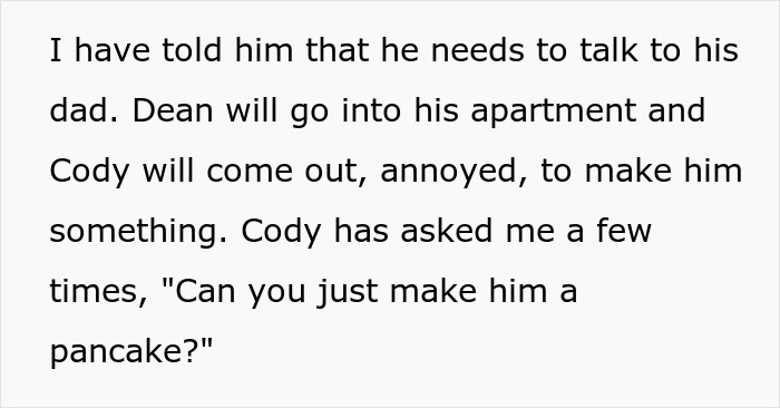 Text about housemate's 6-year-old asking for mom-like favors, leading to complaints. Text about housemate's 6-year-old asking for mom-like favors, leading to complaints.