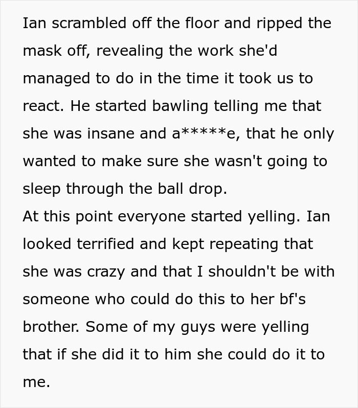 Text screenshot about man's family upset over girlfriend fighting back against brother's prank. Text screenshot about man's family upset over girlfriend fighting back against brother's prank.