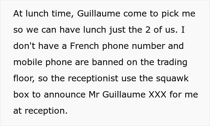 Text excerpt about a trader's lunchtime meeting, highlighting a coworker's friend's impact. Text excerpt about a trader's lunchtime meeting, highlighting a coworker's friend's impact.