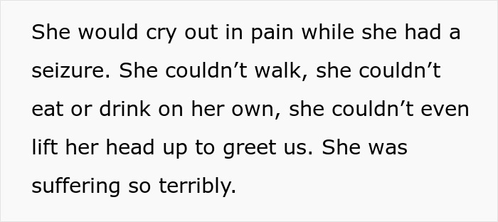 Text describing a dog's suffering, unable to walk or eat, experiencing pain and seizures, highlighting the need to end suffering. Text describing a dog's suffering, unable to walk or eat, experiencing pain and seizures, highlighting the need to end suffering.