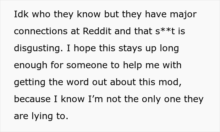 Text discussing Reddit mod's connections and alleged deceit. Text discussing Reddit mod's connections and alleged deceit.