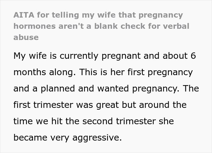 Text describing a husband's experience with his pregnant wife's aggressive behavior during her pregnancy. Text describing a husband's experience with his pregnant wife's aggressive behavior during her pregnancy.